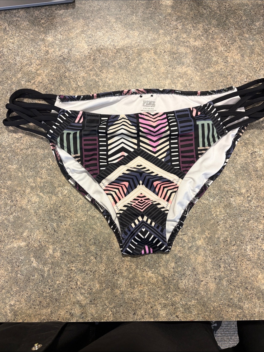 PINK Victoria's Secret Black Multicolor Geometric Strappy Bikini Bottom